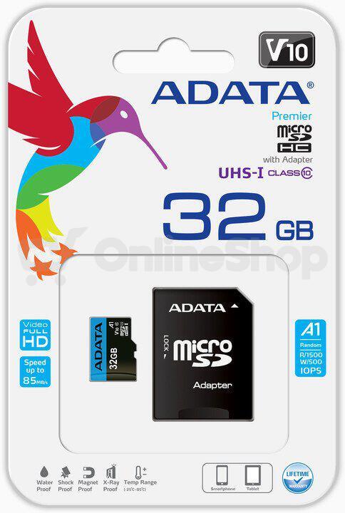 Paměťová karta ADATA MicroSDHC 32GB UHS-I Class 10, A1 + SD adaptér (AUSDH32GUICL10A1-RA1)