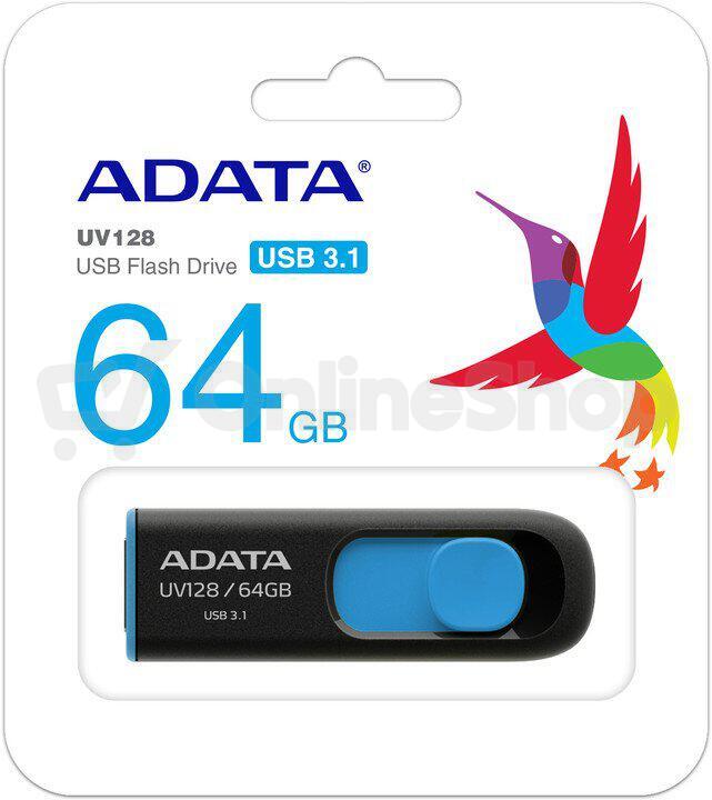USB flash disk ADATA 64GB UV128, USB 3.1 Dash Drive (R:90/W:40 MB/s), černá/modrá (AUV128-64G-RBE)