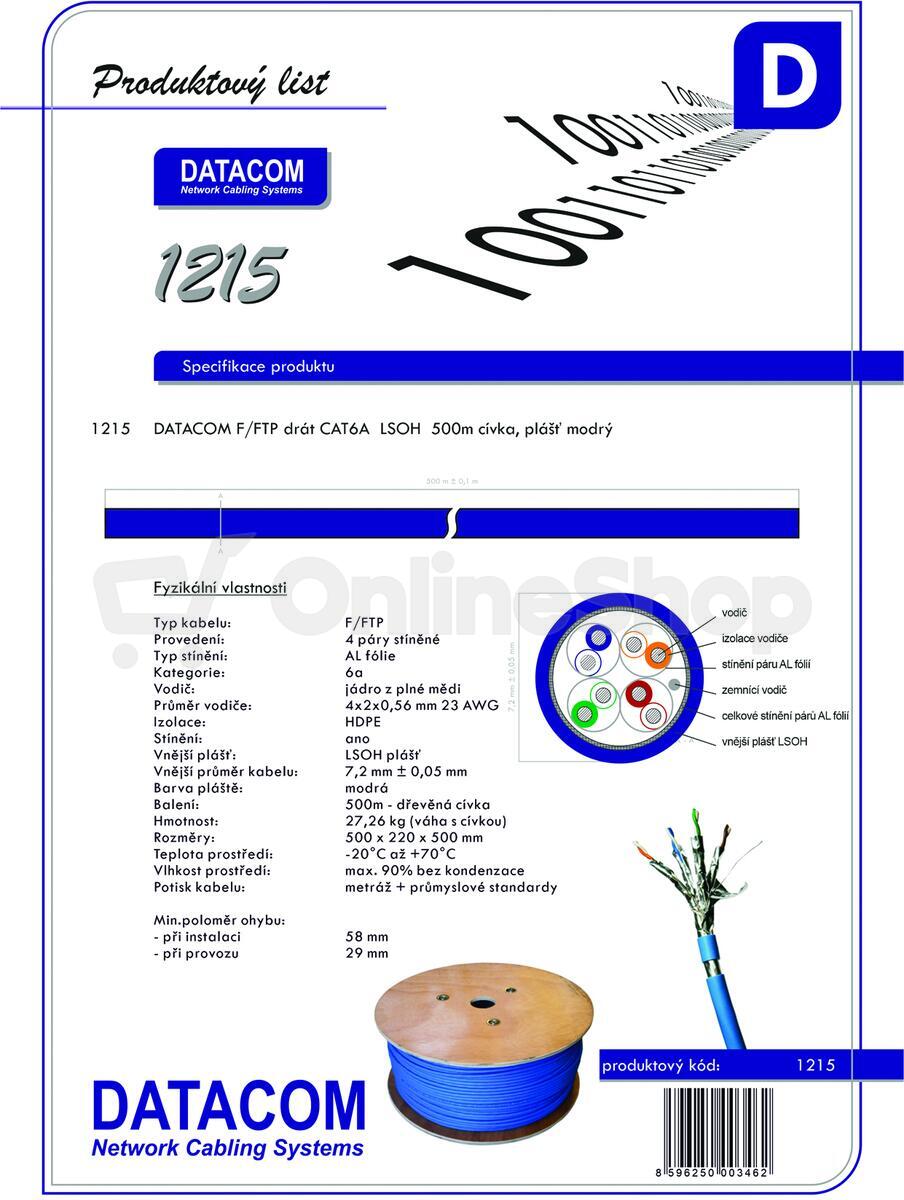 DATACOM F/FTP drát CAT6A Eca LSOH 500m cívka modrý (1215)