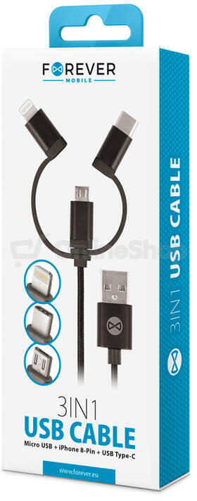 Kabel Forever 3v1 USB/microUSB, Lightning, USB-C 1m 1,5A černý