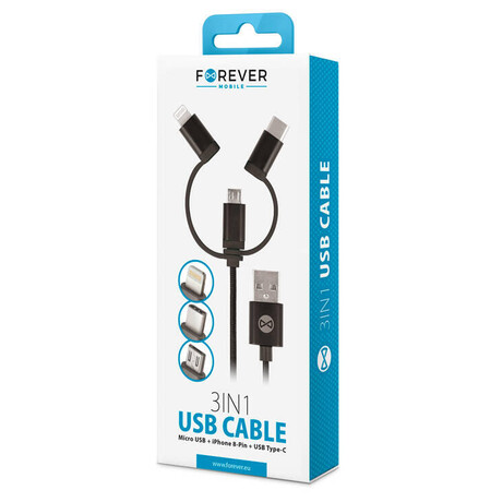 Forever 3v1 USB/microUSB, Lightning, USB-C 1m&nbsp;1,5A černý (foto 1)