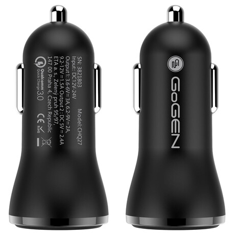 Adaptr do auta GoGEN CHQ 27, 2x USB, 2,4A s funkc rychlonabjen QC 3.0 (18W) - ern