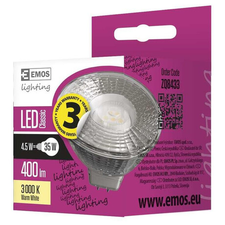 Emos LED rovka Classic MR16 / GU5,3 / 4,5 W (28 W) / 380 lm / tepl bl (ZQ8433)