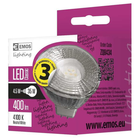 Emos LED rovka Classic MR16 / GU5,3 / 4,5 W (31 W) / 380 lm / neutrln bl (ZQ8434)