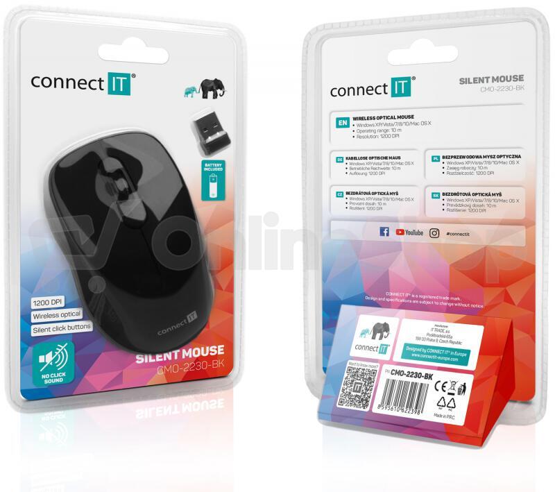 CONNECT IT "MUTE" bezdrátová optická tichá myš, USB, (+ 1x AA baterie zdarma), černá (CMO-2230-BK)