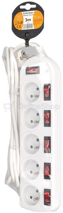 Solight prodlužovací přívod, 5 zásuvek, bílý, 6x vypínač, 3m