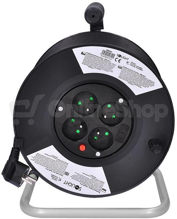 Solight prodlužovací přívod na bubnu, 4 zásuvky, 25m, černý kabel, 3x 1,5mm2