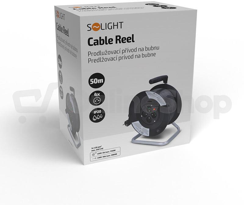 Solight prodlužovací přívod na bubnu, 4 zásuvky, 50m, černý kabel, 3x 1,5mm2