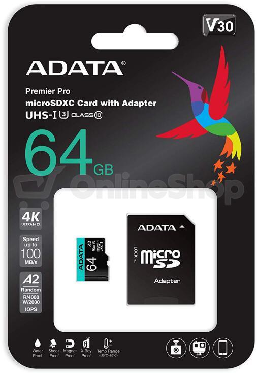 ADATA V30S/micro SDXC/64GB/UHS-I U3 / Class 10/+ Adaptér (AUSDX64GUI3V30SA2-RA1)