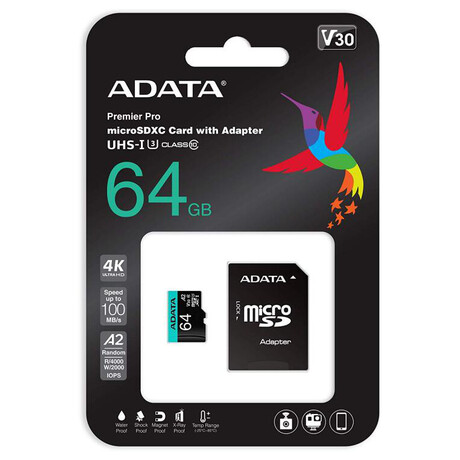 ADATA V30S/micro SDXC/64GB/UHS-I U3 / Class 10/+ Adaptr (AUSDX64GUI3V30SA2-RA1)