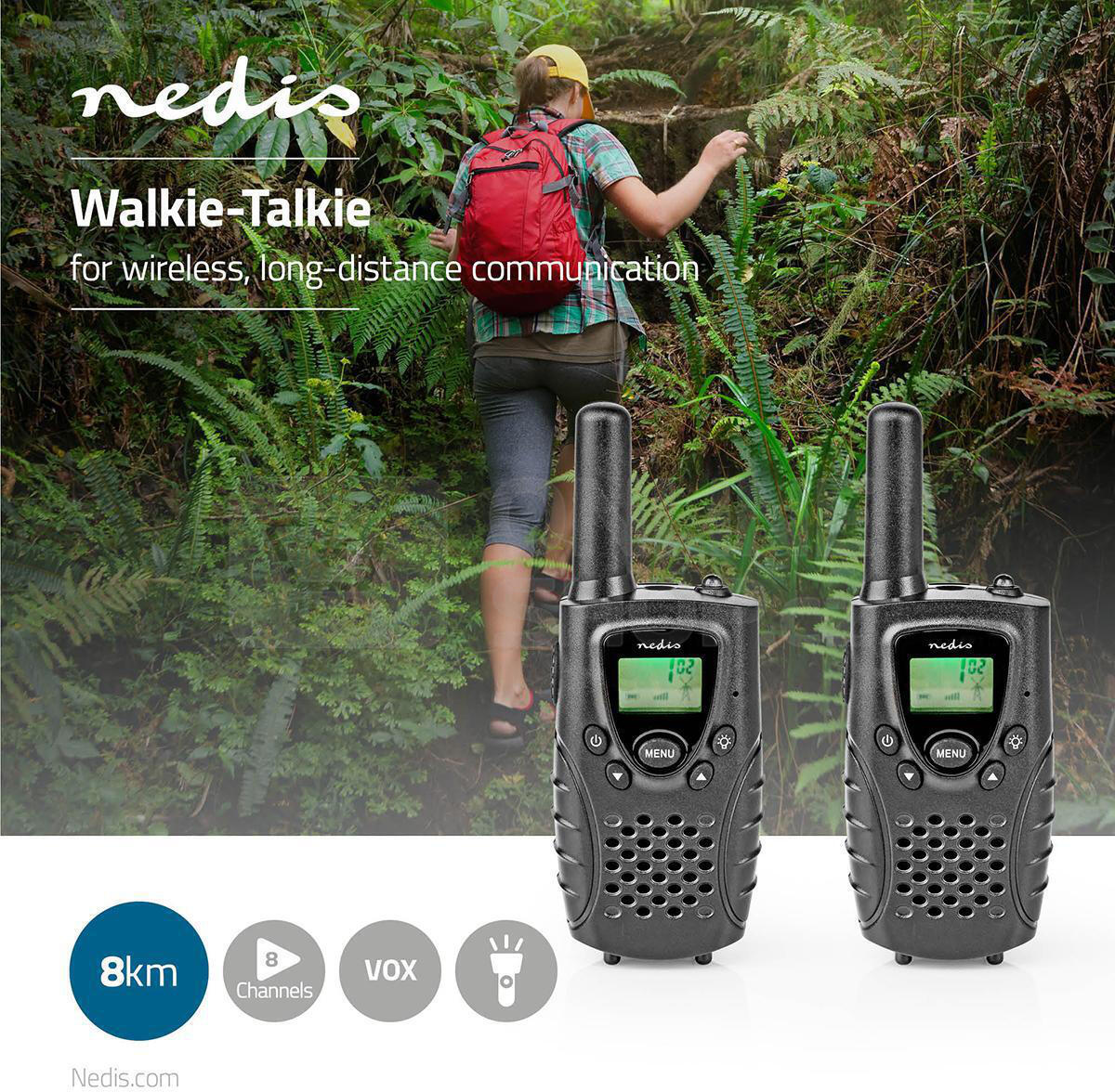 Walkie-Talkie Set / 2 sluchátka / 8 km / Frekvenční kanály: 8 / PTT / VOX / Až 2,5 hodiny / Výstup pro sluchátka / Černá