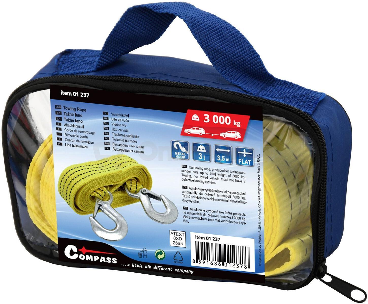 Lano tažné ploché 3000kg s karabinami COMPASS 01237