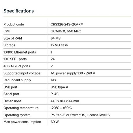 MikroTik Cloud Router Switch CRS326-24S+2Q+RM 650MHz CPU, 64MB, 2x 40 Gbps QSFP+, 24x 10 Gbps SFP+, ROS L5, PSU,1U (foto 2)