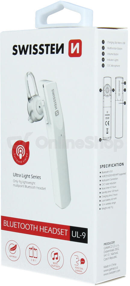 BLUETOOTH HEADSET SWISSTEN ULTRA LIGHT UL-9 BÍLÝ