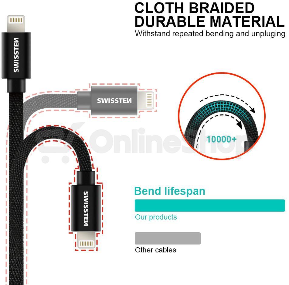 DATOVÝ KABEL SWISSTEN TEXTILE USB / LIGHTNING 2,0 M ČERNÝ
