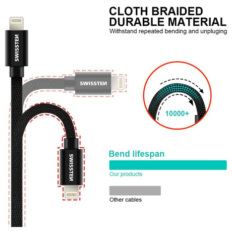 DATOVÝ KABEL SWISSTEN TEXTILE USB / LIGHTNING 2,0 M ČERNÝ