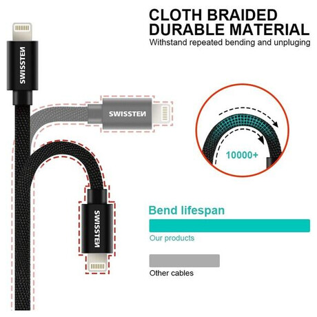 DATOVÝ KABEL SWISSTEN TEXTILE USB / LIGHTNING MFi 1,2 M ČERNÝ