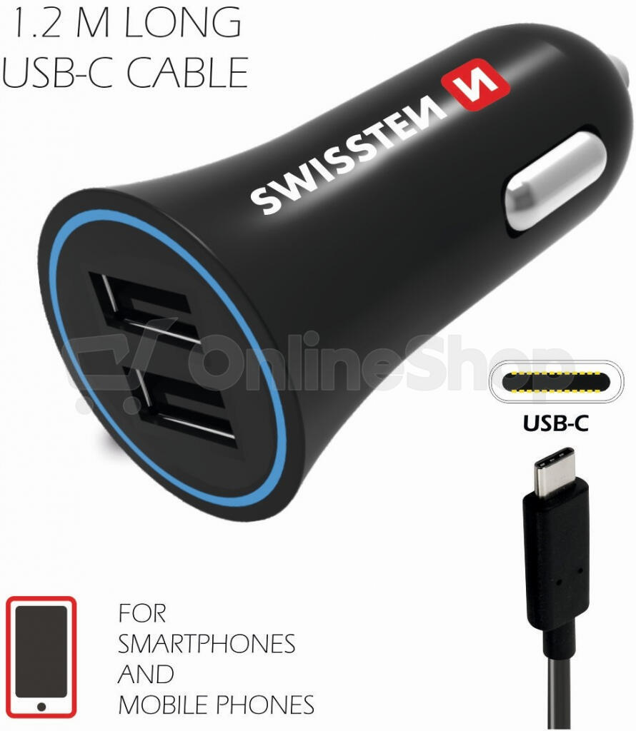 SWISSTEN CL ADAPTÉR 2,4A POWER 2x USB + KABEL USB-C