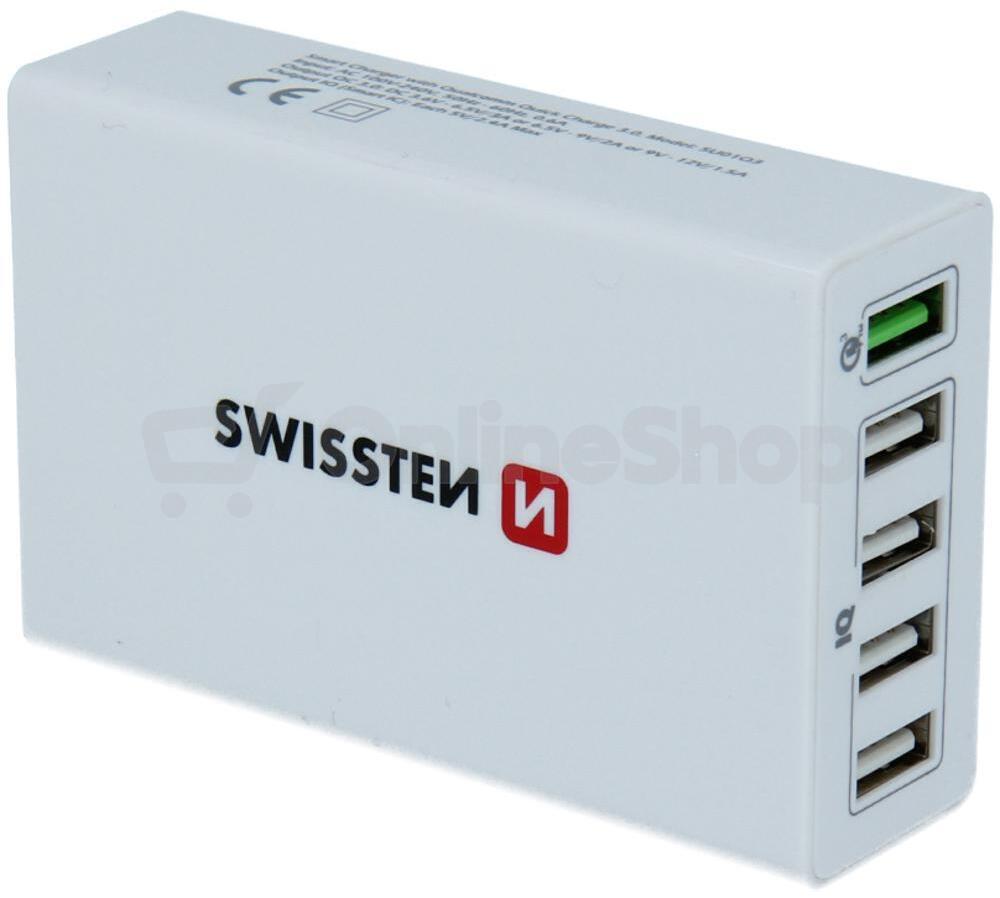 SWISSTEN SÍŤOVÝ ADAPTÉR QUALCOMM 3.0 QUICK CHARGE + SMART IC 5x USB 50W POWER BÍLÝ
