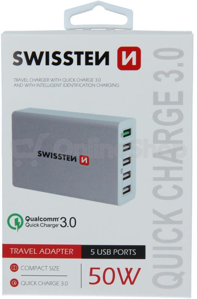 SWISSTEN SÍŤOVÝ ADAPTÉR QUALCOMM 3.0 QUICK CHARGE + SMART IC 5x USB 50W POWER BÍLÝ