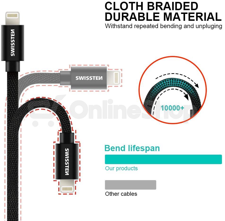 DATOVÝ KABEL SWISSTEN TEXTILE USB-C / LIGHTNING 1,2 M STŘÍBRNÝ