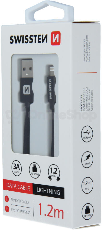 DATOVÝ KABEL SWISSTEN TEXTILE USB / LIGHTNING 1,2 M ČERNÝ