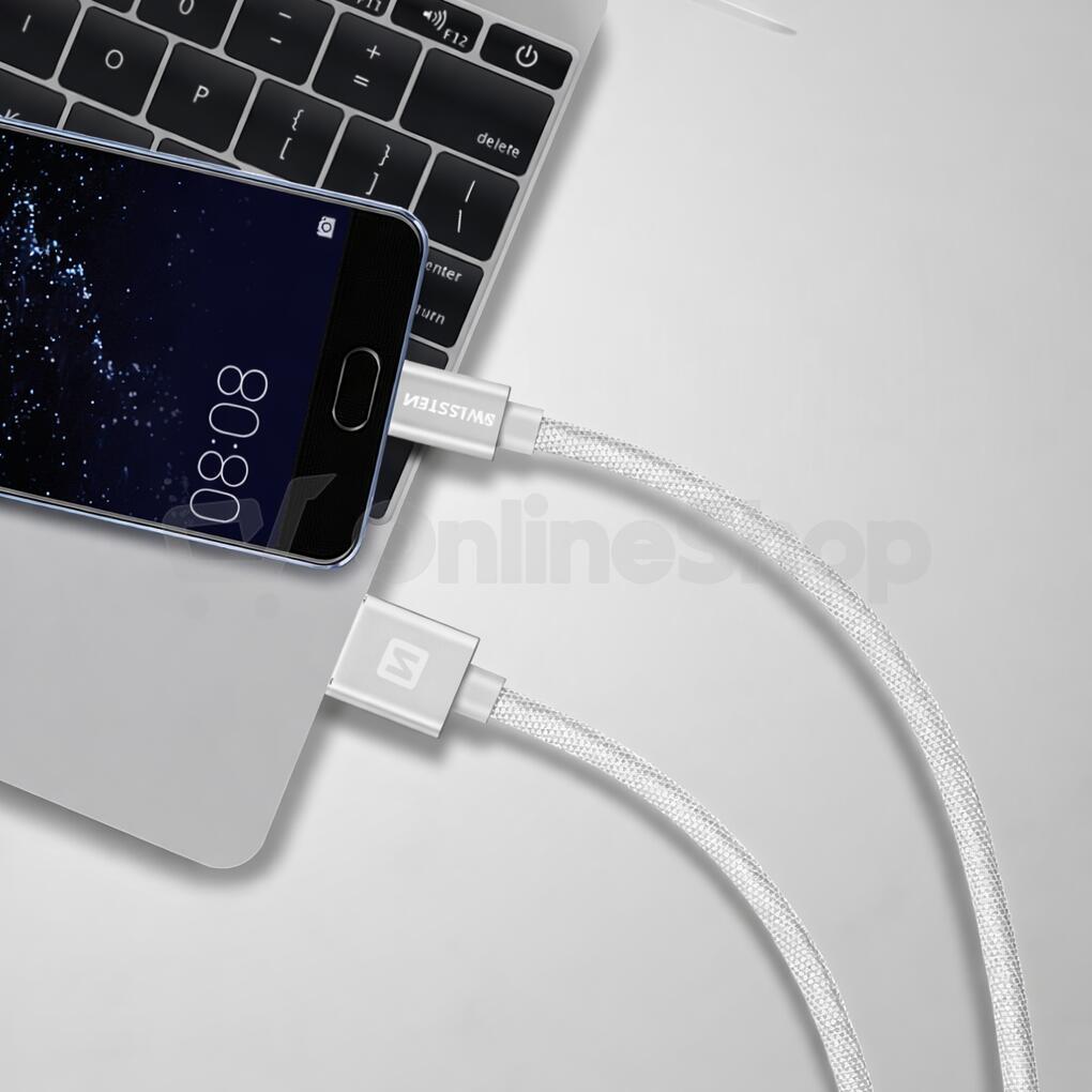DATOVÝ KABEL SWISSTEN TEXTILE USB / USB-C 2,0 M STŘÍBRNÝ