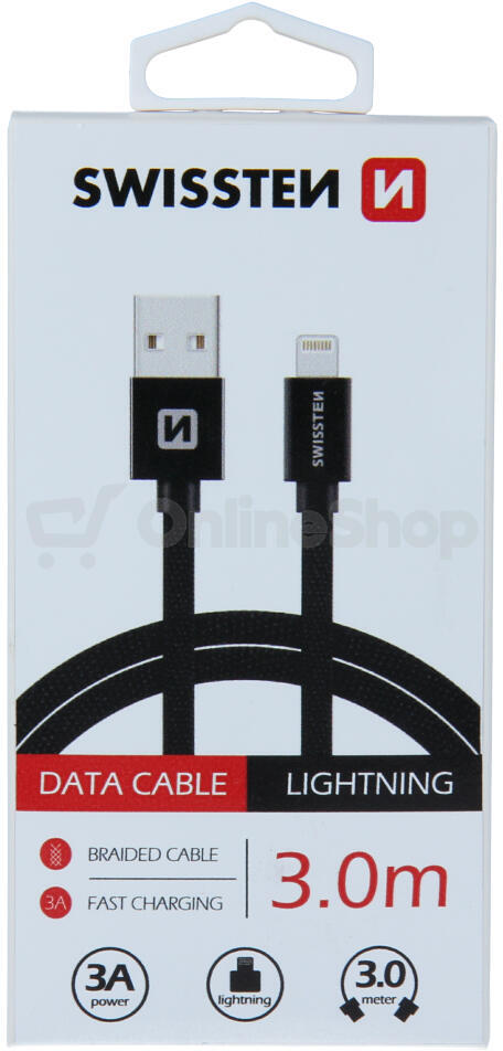 DATOVÝ KABEL SWISSTEN TEXTILE USB / LIGHTNING 3,0 M ČERNÝ