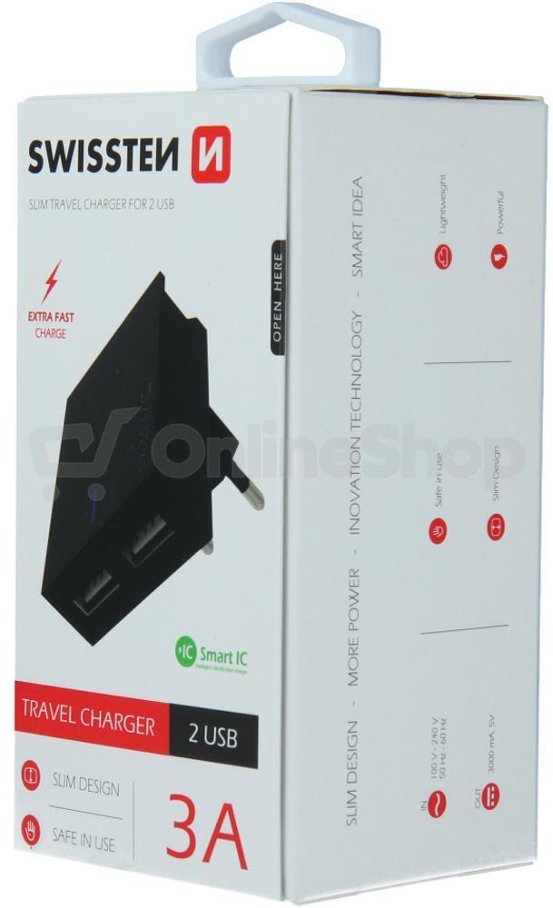 SWISSTEN SÍŤOVÝ ADAPTÉR SMART IC 2x USB 3A POWER ČERNÝ