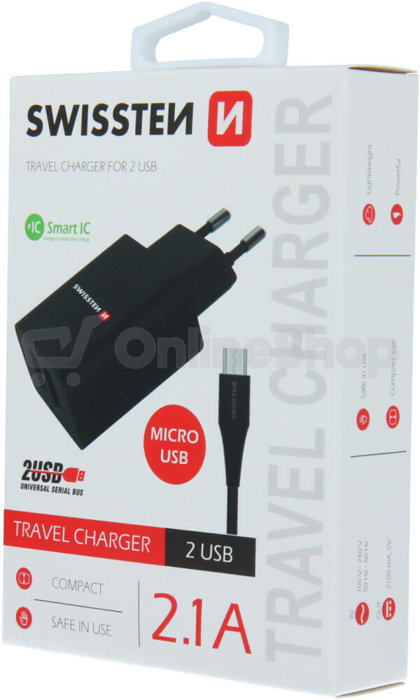 SWISSTEN SÍŤOVÝ ADAPTÉR SMART IC 2x USB 2,1A POWER + DATOVÝ KABEL USB / MICRO USB 1,2 M ČERNÝ