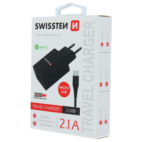 SWISSTEN SÍŤOVÝ ADAPTÉR SMART IC 2x USB 2,1A POWER + DATOVÝ KABEL USB / MICRO USB 1,2 M ČERNÝ