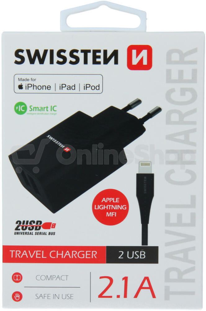 SWISSTEN SÍŤOVÝ ADAPTÉR SMART IC 2x USB 2,1A POWER + DATOVÝ KABEL USB / LIGHTNING MFi 1,2 M ČERNÝ