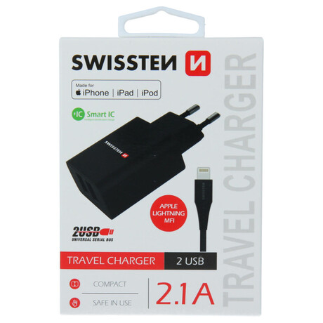 SWISSTEN SÍŤOVÝ ADAPTÉR SMART IC 2x USB 2,1A POWER + DATOVÝ KABEL USB / LIGHTNING MFi 1,2 M ČERNÝ