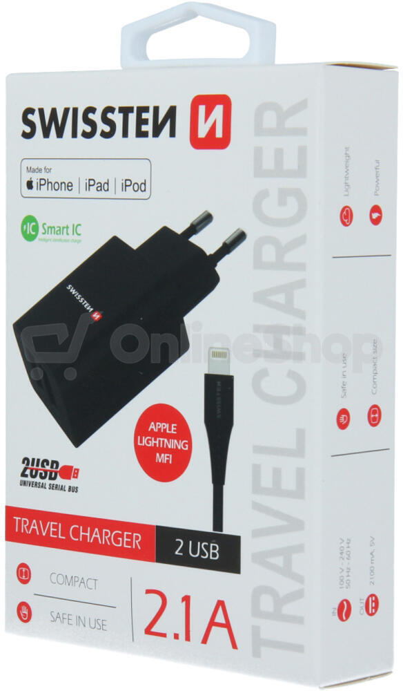 SWISSTEN SÍŤOVÝ ADAPTÉR SMART IC 2x USB 2,1A POWER + DATOVÝ KABEL USB / LIGHTNING MFi 1,2 M ČERNÝ