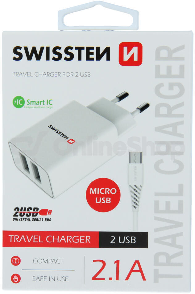 SWISSTEN SÍŤOVÝ ADAPTÉR SMART IC 2x USB 2,1A POWER + DATOVÝ KABEL USB / MICRO USB 1,2 M BÍLÝ