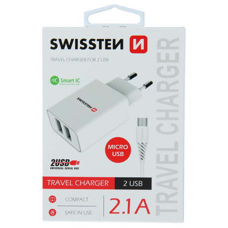 SWISSTEN SÍŤOVÝ ADAPTÉR SMART IC 2x USB 2,1A POWER + DATOVÝ KABEL USB / MICRO USB 1,2 M BÍLÝ