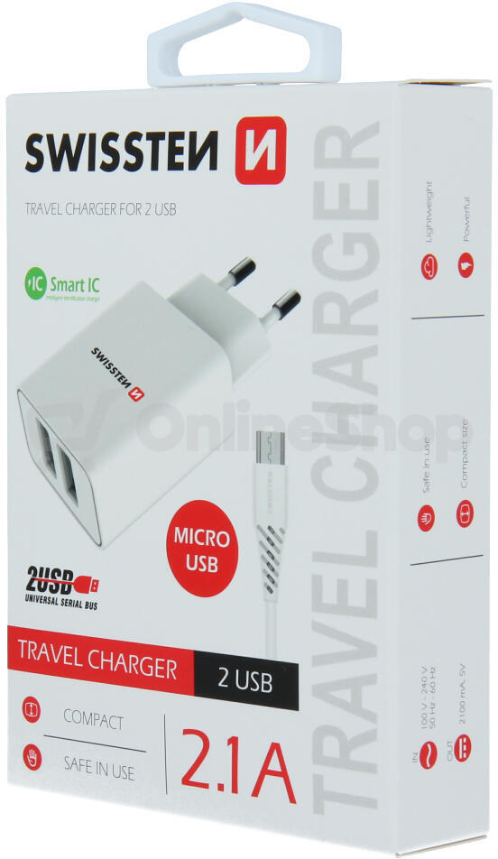 SWISSTEN SÍŤOVÝ ADAPTÉR SMART IC 2x USB 2,1A POWER + DATOVÝ KABEL USB / MICRO USB 1,2 M BÍLÝ