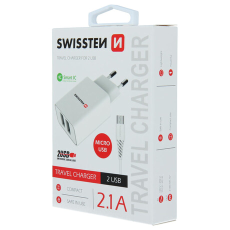 SWISSTEN SÍŤOVÝ ADAPTÉR SMART IC 2x USB 2,1A POWER + DATOVÝ KABEL USB / MICRO USB 1,2 M BÍLÝ