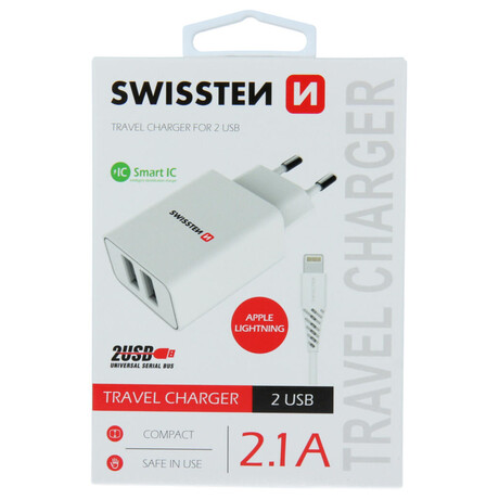 SWISSTEN SÍŤOVÝ ADAPTÉR SMART IC 2x USB 2,1A POWER + DATOVÝ KABEL USB / LIGHTNING 1,2 M BÍLÝ