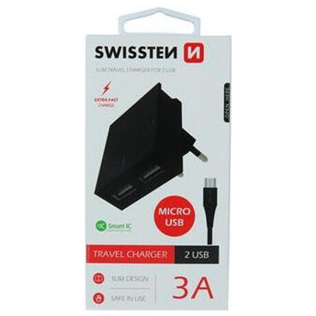 SWISSTEN SÍŤOVÝ ADAPTÉR SMART IC 2x USB 3A POWER + DATOVÝ KABEL USB / MICRO USB 1,2 M ČERNÝ