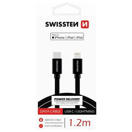 DATOVÝ KABEL SWISSTEN TEXTILE USB-C / LIGHTNING MFi 1,2 M ČERNÝ