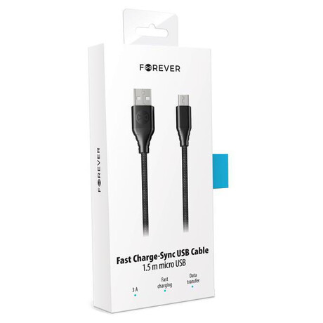 Datov kabel Forever Core USB/microUSB 1,5m 3A textiln ern