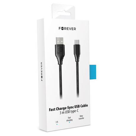Datový kabel Forever Core USB-C 3m 3A textilní černý