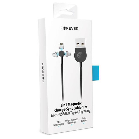 Datový kabel Forever Core 3v1 magnetický micro USB+Lightning+USB-C 1m 2,5A textilní černý