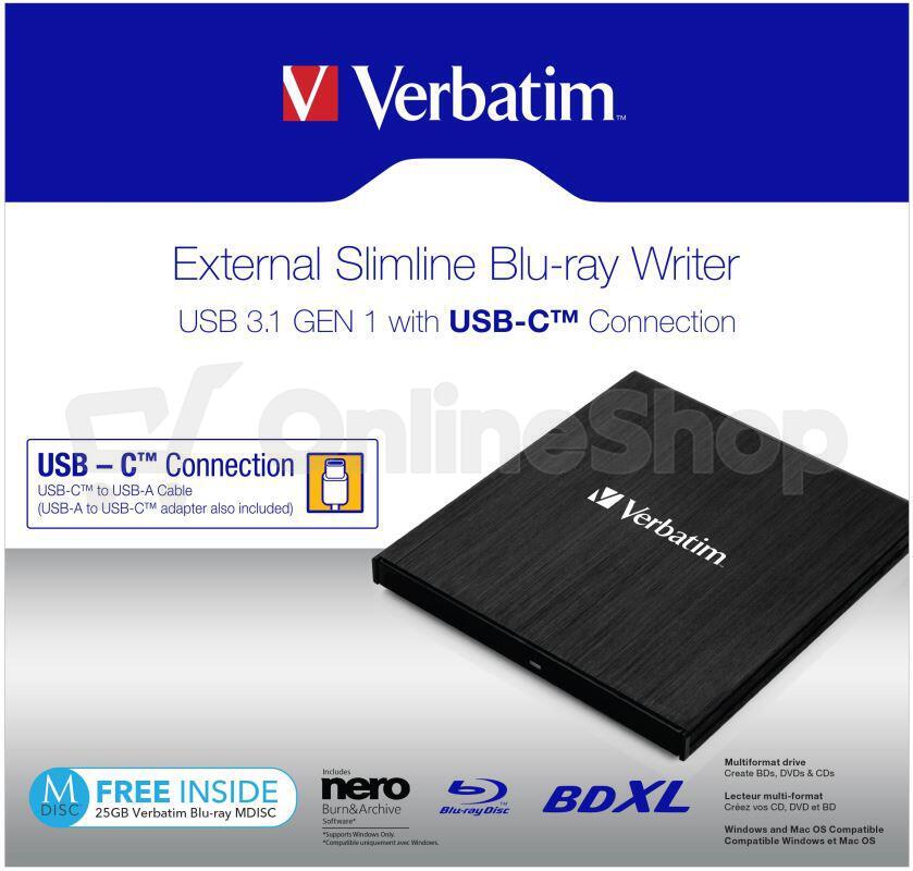 VERBATIM Externí Blu-ray Slimline vypalovačka USB 3.1 Gen 1 (USB-C) (43889)