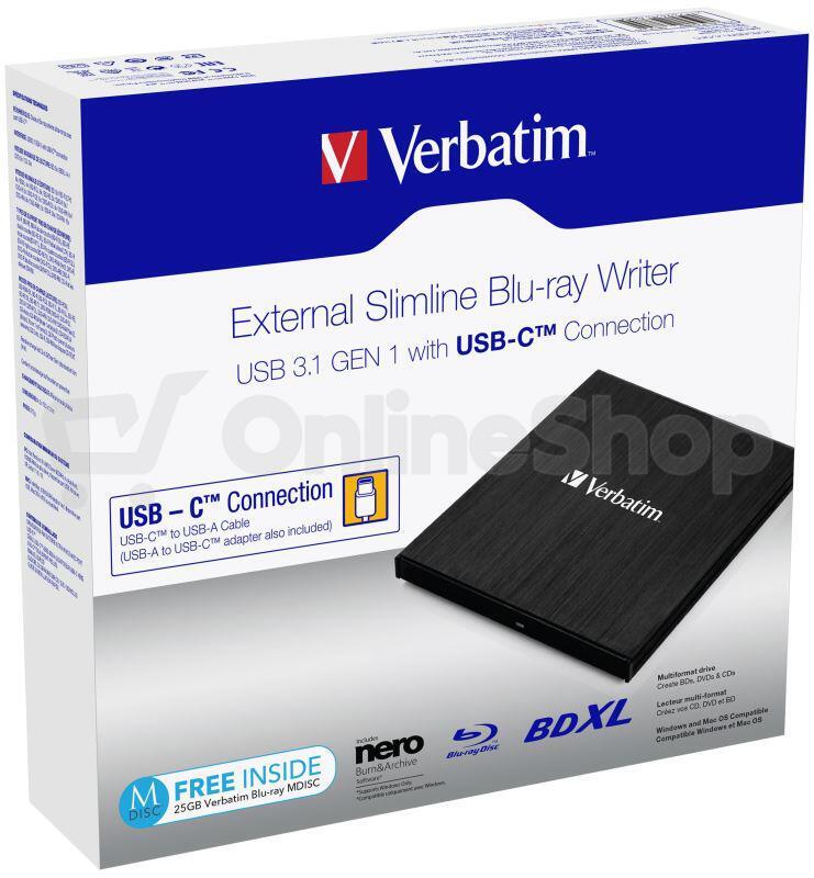 VERBATIM Externí Blu-ray Slimline vypalovačka USB 3.1 Gen 1 (USB-C) (43889)
