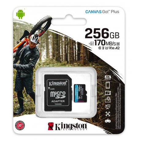 KINGSTON 256GB microSDXC Canvas Go! Plus 170R/100W U3 UHS-I V30 Card + SD Adapter (SDCG3/256GB)