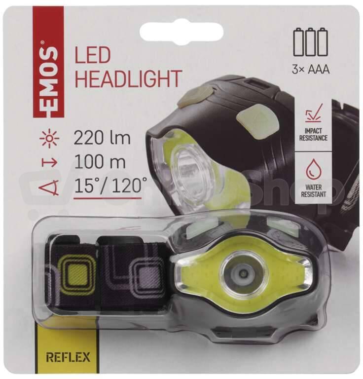 Emos COB LED + LED čelovka P3536, 220 lm, 100 m, 3× AAA