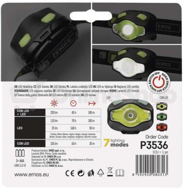 Emos COB LED + LED čelovka P3536, 220 lm, 100 m, 3× AAA