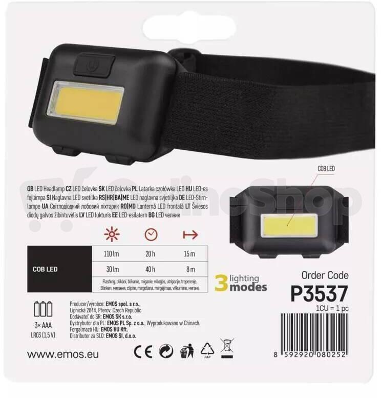 Emos COB LED čelovka P3537, 110 lm, 3× AAA